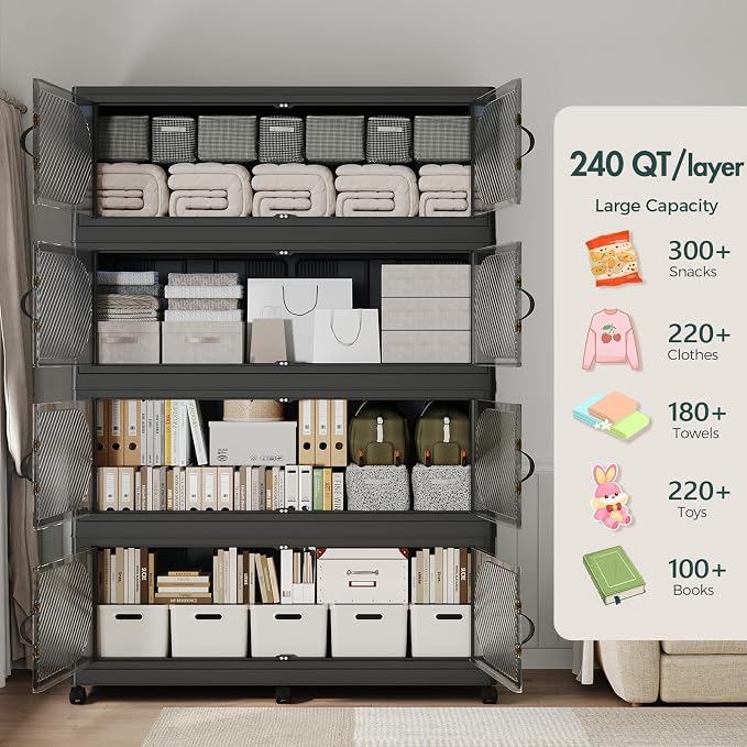 960QT Extra Large Stackable Storage Bins with Lid, 240Gal Plastic Closet Organizers and Storage Drawer, Collapsible Cabinet Box with Wheels Clear Doors for Home Kitchen Garage, 4Pack Black
