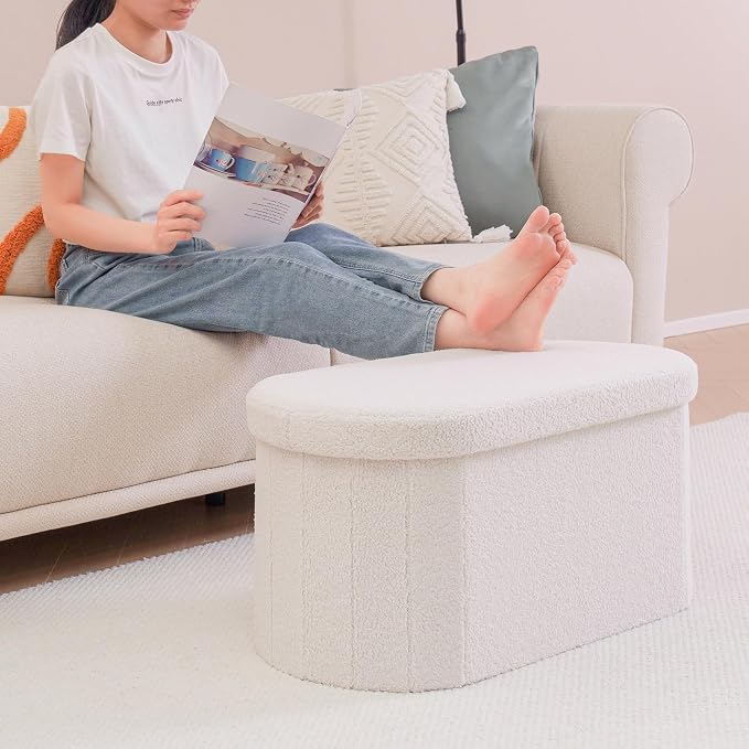 B FSOBEIIALEO Ottoman with Storage for Living Room, Sherpa Folding Storage Ottoman Foot Rest, 30 Inches Collapsible Bedroom Bench White Cream