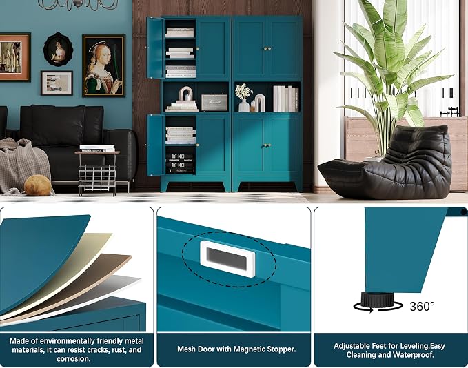 69"H Metal Pantry Cabinet with Microwave Stand,Tall Kitchen Storage Cabinets,Blue Food Pantry Cabinet with 4 Doors and Shelves, Large Hutch Cabinets for Kitchen, Dining Room, Living Room and Bathroom