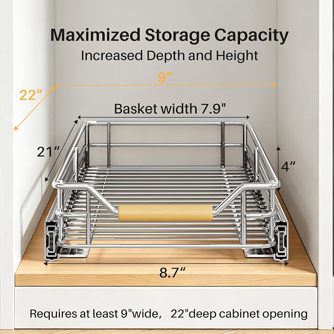 Pull out Cabinet Organizer, 9"W X 21"D, Heavy Duty Smooth Sliding Under Cabinet Shelves for Pots and Pans, Full-Extension Roll out Drawers, Slide out Organization for Home Kitchen Pantry