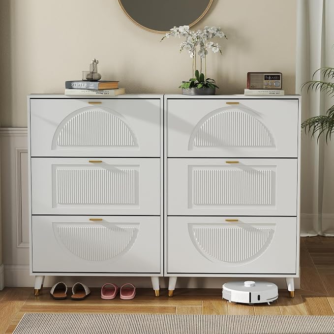 Narrow Shoe Cabinet Storage for Entryway: Cabinet Shoe Rack Organizer, White Shoes Cabinets with 6 Flip Drawers, Modern Shoes Storage Entryway for Front Door Entrance (2 Piece, 32")