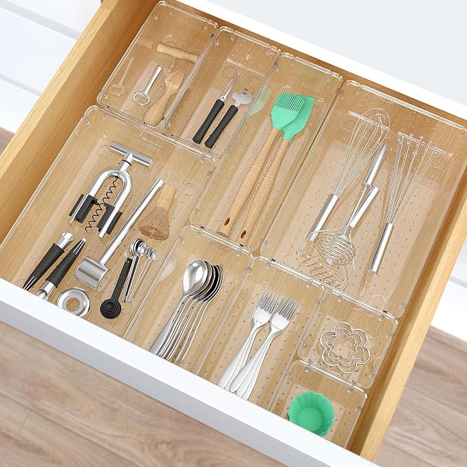 StorMiracle 7 PCS Clear Plastic Drawer Organizers Set, 4 Size Desk Drawer Organizer Trays for Makeup, Jewelry, Kitchen Utensils, Gadgets and Office Accessories