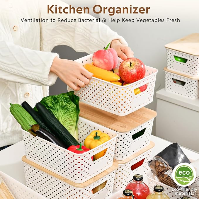 8 Pack Plastic Storage Bins with Bamboo Lids - Stackable Storage Baskets with Handle for Pantry Organizer and Storage, Plastic Containers Bins Lidded Storage Bins for Classroom Office Shelves