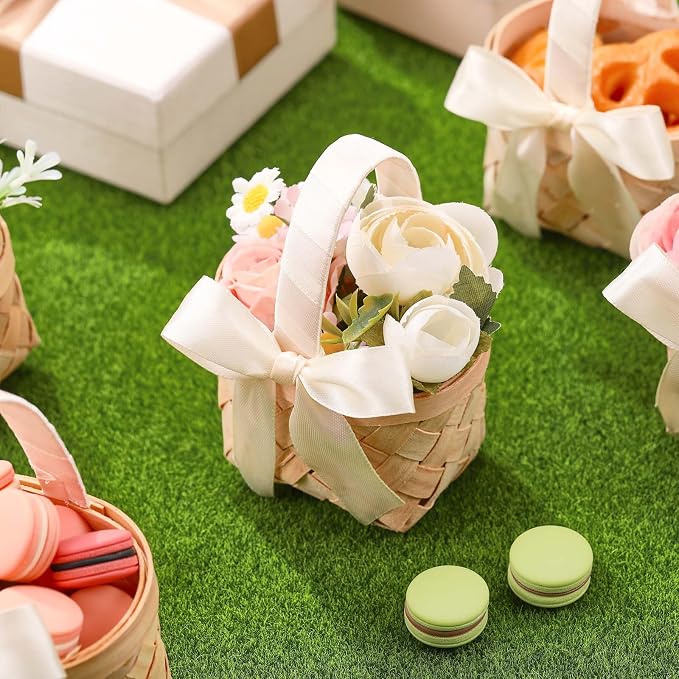 12 Pcs Mini Flower Girl Basket Mini Woven Baskets with Handles Wood Chip Flower Fruit Picnic Holder with Ribbon Chip Bucket for Wedding Party Gifts Baby Shower Birthday Party Decoration