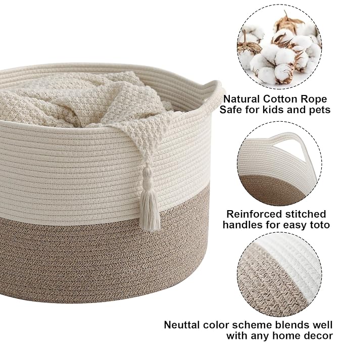 115L Extra Large Blanket Basket,Woven Laundry Basket- White & Brown | Collapsible Nursery Storage Bin with Sturdy Handles, Organizes Clothes, Toys and Pillows for Living Room, Bedroom, Bathroom