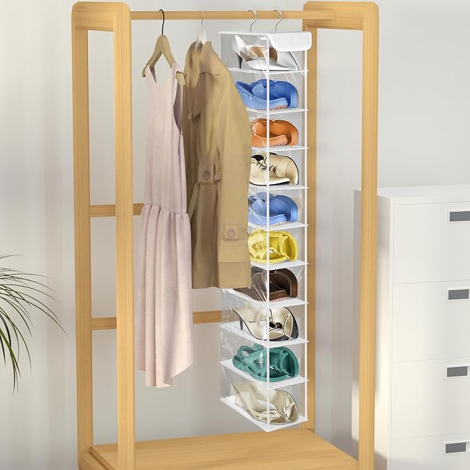 Libeder 10-Shelf Hanging Shoe Organizers with Side Pockets, Transparent | Hanging Closet Organizer with Side Pockets for Wardrode,Dorm, Folding Shoe Racks, Space Saving Hanging Shelves with Hooks