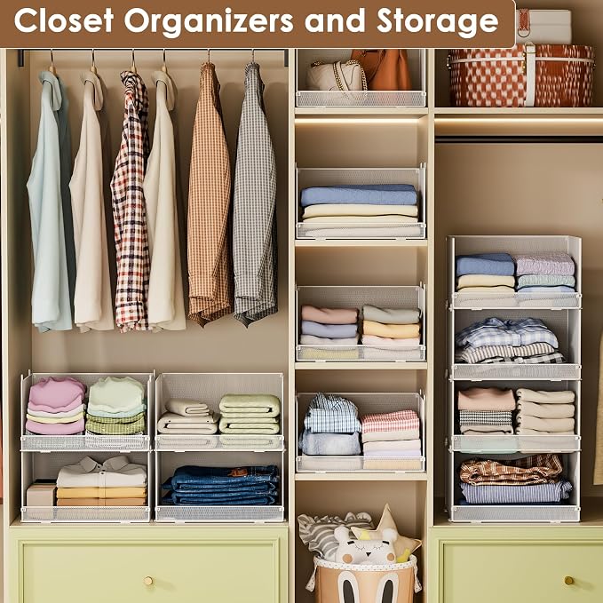 Tiaoheka 4-Tier Stackable Closet Organizers and Storage Shelves, Foldable Closet Shelf Organizer, Stackable Storage Bins Drawers for Closet Organizer System, White(Patent Pending)