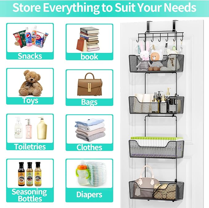 HapiRm Over The Door Organizer - Hanging Door Organizer with 4 Metal Large Capacity Baskets and Adjustable Coat Hook for Bathroom Bedroom Kitchen Pantry Closet Cabinet