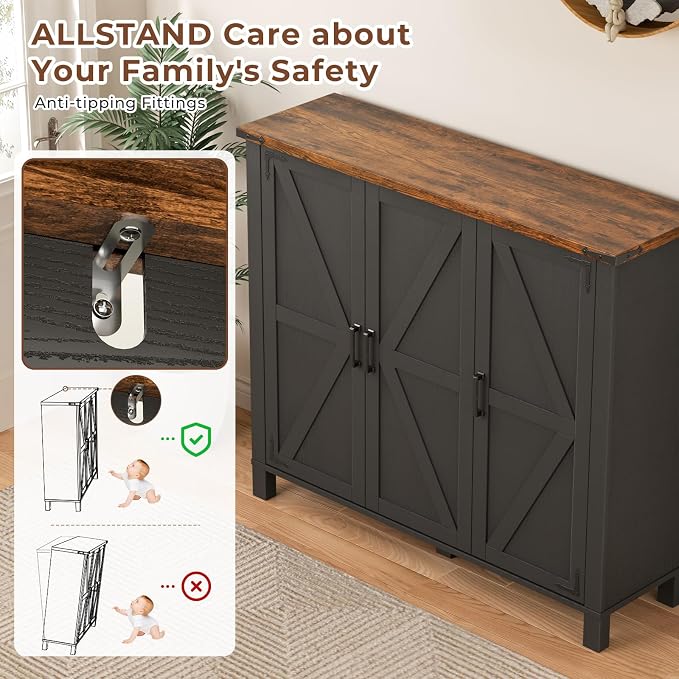 ALLSTAND 5-Tier Shoe Storage Cabinet, Farmhouse Shoe Rack Organizer Cabinet with 4 Adjustable Shelves & Side Cabinets, Freestanding Shoe Cabinet Storage with Anti-tip Fitting for Entryway, Black