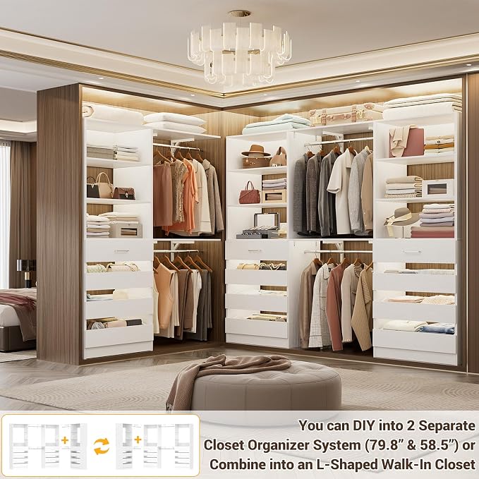Aheaplus Closet System Set of 3, 138.5" Wood Closet Organizer System Tower with 12 Drawers & 4 Hanging Rods, 6.7+4.85Ft L Shaped Walk-in Closets Wardrobe Organizer Garment Rack with Shelves, White3