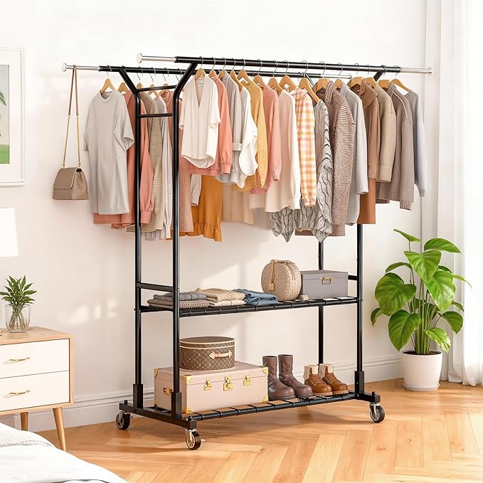 Luxspire Double Rod Clothing Racks for Hanging Clothes Load 650 LBS, Black | Zinc-iron alloy frame, 2-tier sturdy shelves, lockable silent wheels, adjustable extendable rods for bedroom & laundry room