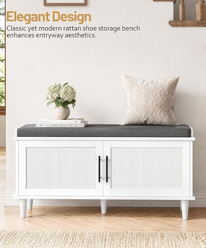 Akxomel 39.4" Rattan Shoe Storage Bench 2 Doors Wooden Entryway Bench White | 2 Tier Shoe Bench with Padded Cushion, Adjustable Shelves and 2 Doors, Solid Wood Legs, for Hallway, Living Room, Bedroom