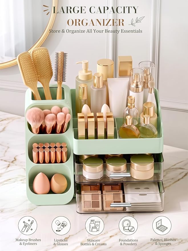 Makeup Organizer with Drawers,Large Capacity Countertop Organizer for Vanity,Bathroom and Bedroom Desk Cosmetics Organizers,Easy To Storage Skincare,Brushes,Lotions (Green)