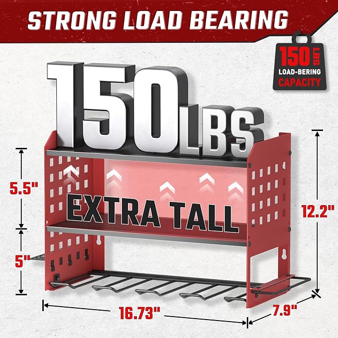 SUNALLY Power Tool Organizer, Wall Mount Garage Tools Storage Rack, Red | Metal Tool Storage Rack with 4 Drill Holders, Heavy Duty Power Tool Shelf for Garage,Warehouse,Workshop, Gift for Men,Husband