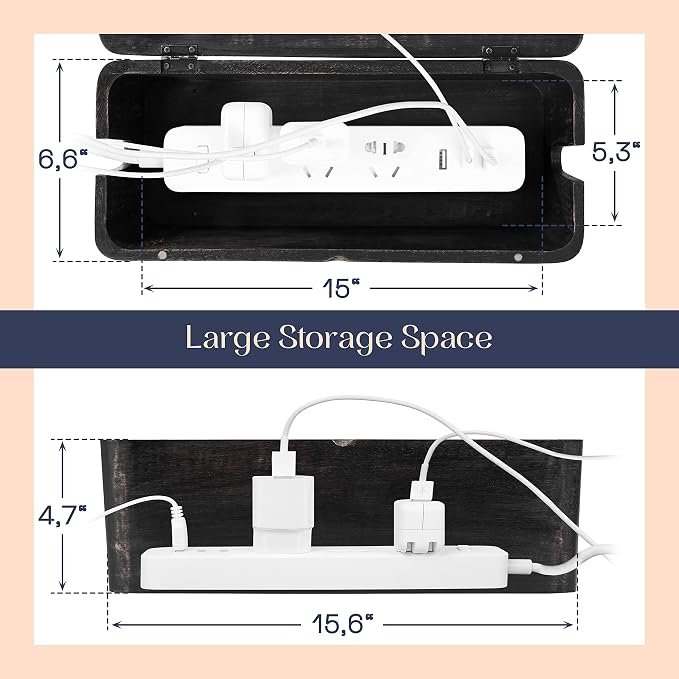 Large Cable Management Box - Cable Organizer Box and Power Strip Box for Electrical Cord Management - Hide Desk Cord and Floor Cables - Wire Storage and Organization for Cords | Mango Wood, Cable Organizer, Rustic Style, Modern Design, Desktop Storage