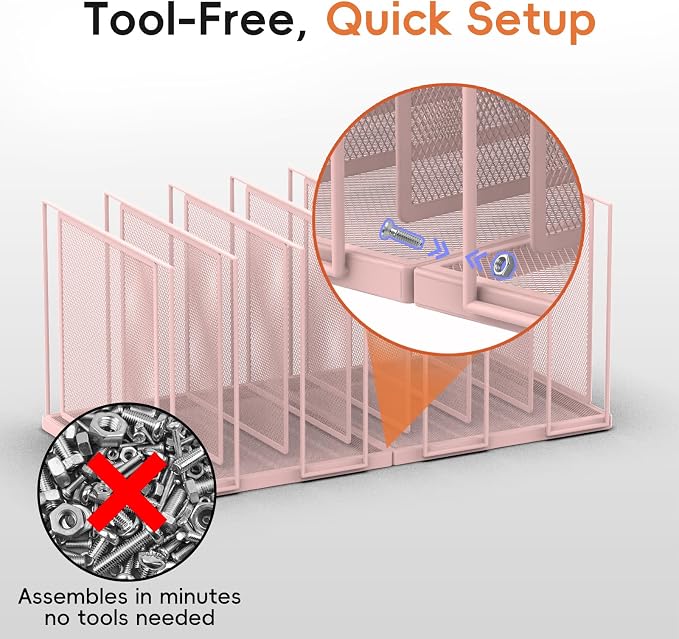 File Organizer For Desk, 7 Section Metal Desktop File Sorter, Pink | Desk file organizer, connectable 7 section design, 2.17 in spacing, vertical folder storage for home office and classroom