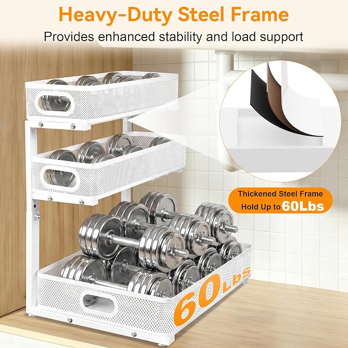 3 Tier Adjustable Under Sink Organizer for Bathroom & Kitchen(1Pack, White) | 35% More Storage, 5 Adjustable Heights, Sliding Pull Out,No Sliding, Heavy-Duty Steel Frame, Multi-Purpose Cabinet Organizer