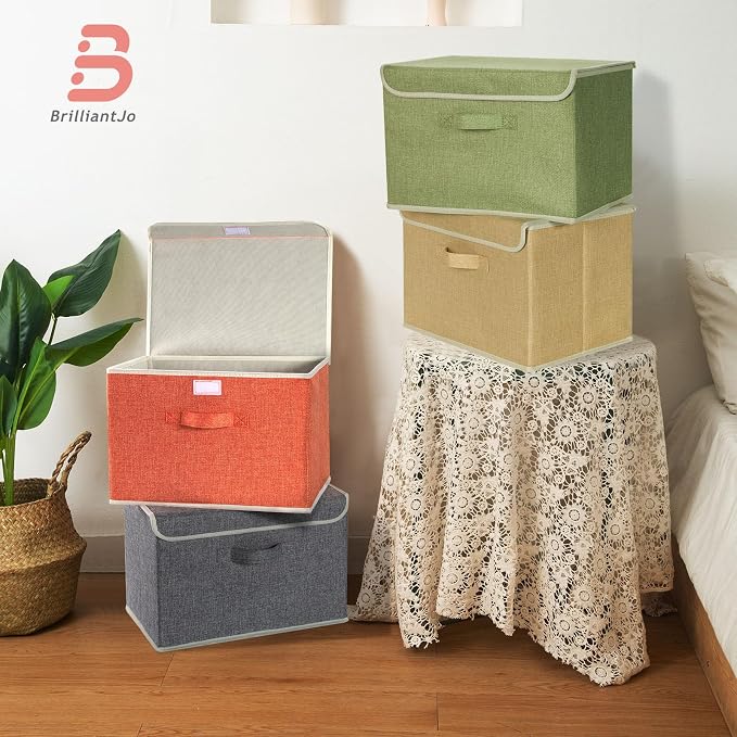 Storage Bins with Lid, Foldable Clothing Storage Box case with Handle for Books, Closet, Bedroom, Home, 4 Color Set A, 15L x 10W x 10H inch