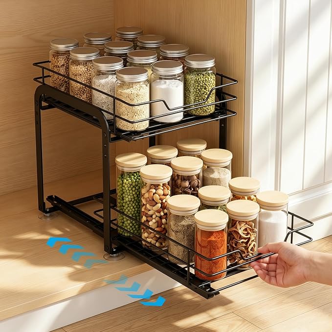 Spice Rack Organizer for Kitchen, Pull Out Spice Racks for Inside Cabinets, 2 Tier Spice Shelf Organization for Cabinet Seasoning, No Drilling Install for Home Kitchen Space Saving, 1 Pack