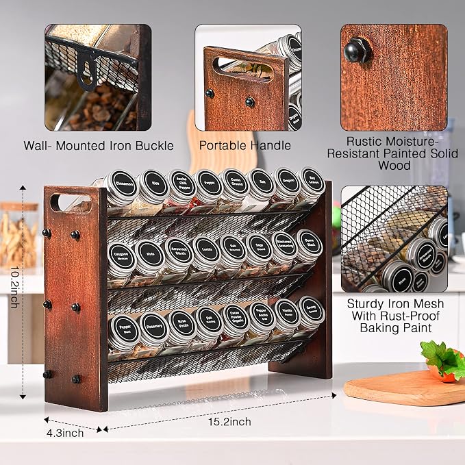 Spice Rack, Spice Rack Organizer without Seasoning Jars, Wooden Rustic 3 Tier Kitchen Spice Organizer Shelf for Cabinet, Countertop or Wall Mount