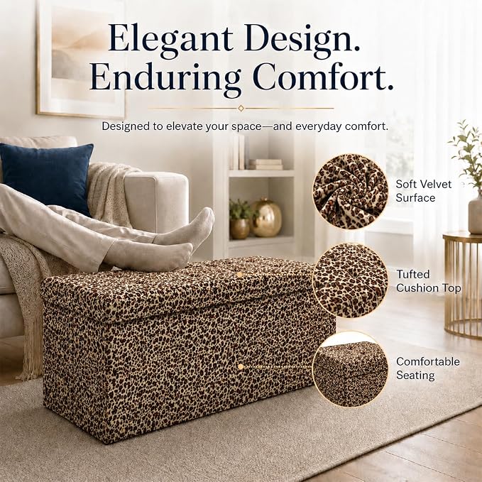 ALASDO 30 Inch Folding Storage Ottoman Bench with Hidden Storage, PU Leather Ottoman Foot Rest Stool, End of Bed Bench for Bedroom, Living Room, Entryway and Closet, Leopard Print
