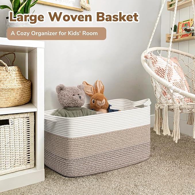 Goodpick Large Woven Storage Basket, Rectangle Storaget, Light Brown | 21.6 x 14.9 x 11.8 in, Cotton Rope, Living Room, Bedroom & Nursery Organization, Toys, Blankets & Clothes Storage
