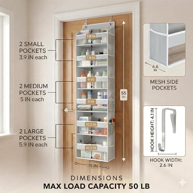 HOMELUX THEORY UPGRADED 6 Tiers Over The Door Organizer Hanging - 100D EXTRA THICK & 50lbs HUGE CAPACITY, 12 Side Mesh Pockets Over The Door Shoe Organizer, Hanging Closet Organizer (Light Gray, 2pc)