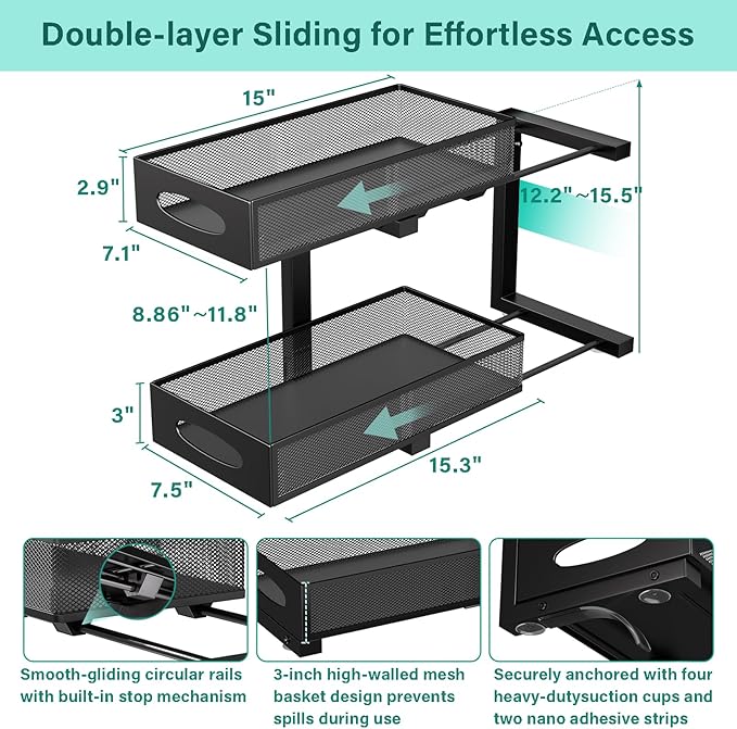 Under Sink Organizer, 2-Pack of 2-Tier Metal Slide Out Pull Out Cabinet Organizer Shelf, Height Adjustable Organization and Storage Series, Bathroom/Desktop/Cabinet/Kitchen Organization, Black