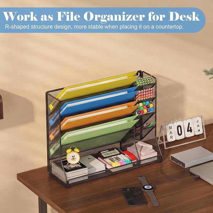 Jakyitvi Adjustable 5 Tiers Wall File Organizer Metal Hanging Holder Black | 5 tiers desk paper organizer, folder holder wall mount, mail organizer for home office, hanging document tray