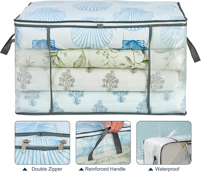 MKOKYD 80L Clear Large Storage Bag, Clothes Storage Containers for Organizing Closet, Bedroom, Underbed, Comforters, Clothing, Blankets, Pillow, Foldable Organizer with Sturdy Handle and Zippers (8)