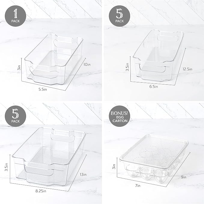 Oizeir Refrigerator Organizer Bins - Clear Plastic, Stackable, Narrow and Wide Bin Sizes, Egg Tray with Lid. Great Storage for Fridge, Cabinets, Countertops and Pantry. (Set of 12)