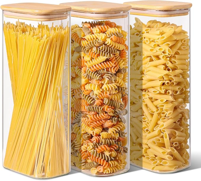 ComSaf Pasta Containers Storage 2.2 Qt, Set of 3 Tall Glass Spaghetti Jar | Rectangle Kitchen Canisters, 11.3-Inch Tall Jars,Pantry Organizers, Dry Food Storage Containers 70oz, Flour, Cereal, BPA Free