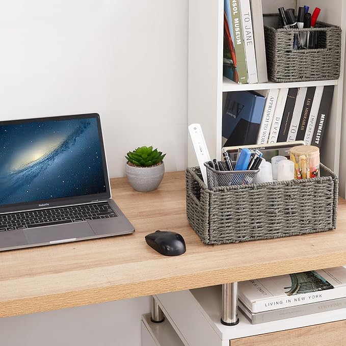 Vagusicc Wicker Storage Basket, Set of 2 Hand-Woven Paper Rope Wicker Basket, Small Storage Baskets for Organizing Toilet Paper Basket, Foldable Large Cube Storage Organizer Bins for Shelves (Grey)