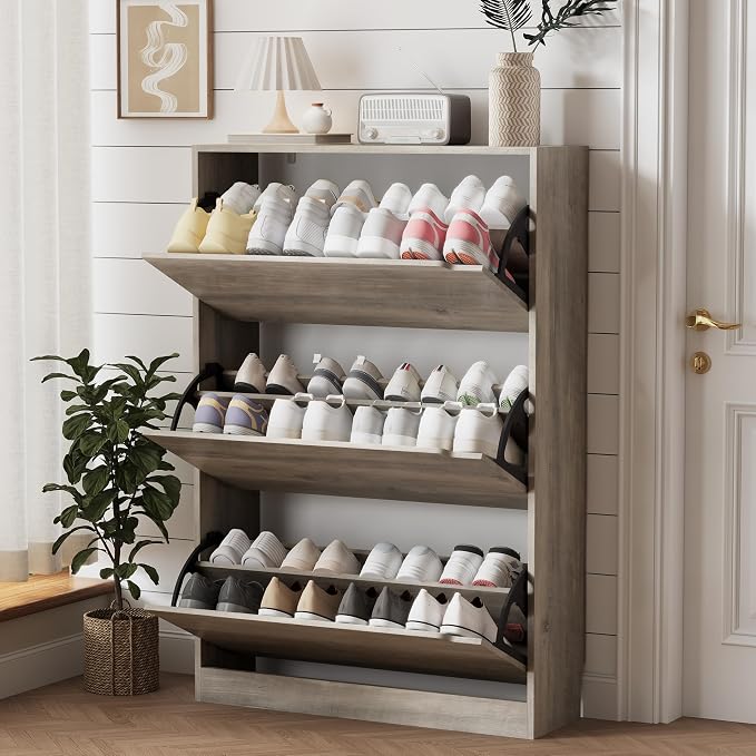 Xixini Shoe Storage Cabinet for Entryway with 3 Flip Drawers, Sturdy Wood Hidden Shoe Storage, Freestanding Narrow Slim Shoe Organizer for Front Door Entrance, Living Room, Hallway, Bedroom, Grey