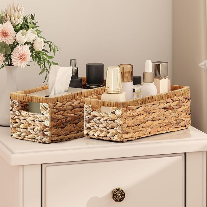 Wicker Storage Basket, Set of 2 Hand-Woven Water Hyacinth Wicker Baskets for Organizing Decor Storage Bins for Counter Shelves Pantry Basket Small Toilet Paper Basket for Toilet Tank Top