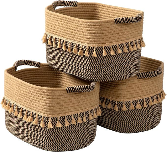 TeoKJ Set of 3 Baskets for Organizing, Decorative Rope Baskets for Storage, Storage for Pets, books, Pillows, Toys & Cloths, Black & Jute