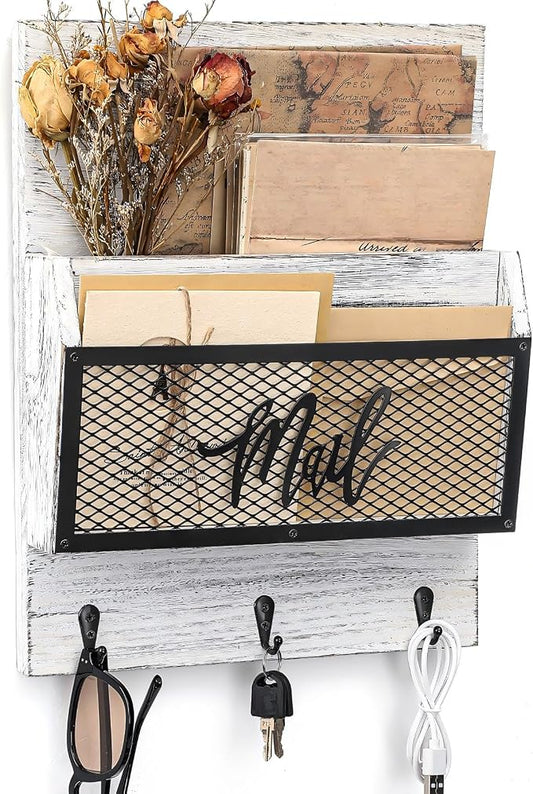 Yalikop Farmhouse Mail Organizer Wall Mounted Rustic Mail Holder Hanging Key Sorter with 3 Hooks Indoor Wooden Wall Mounted, Letter, Magazines, Newspapers, Keys(Classics,White Gray)
