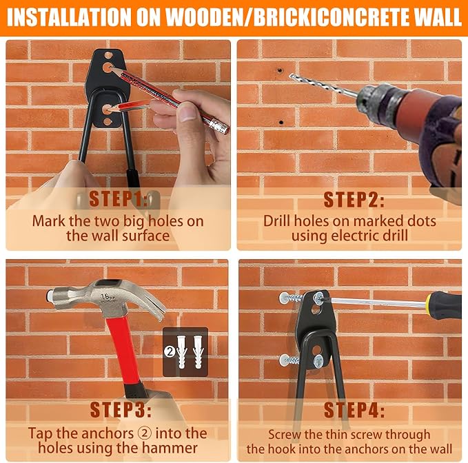KOFANI Heavy Duty Wall Mount Steel 12 Pack Orange Garage Storage Hooks | Wall Hooks Geavy Duty for Hanging Bike, Ladder, Garden Tools,Broom,Hose，Anti-Slip Coating Garage Wall Organization