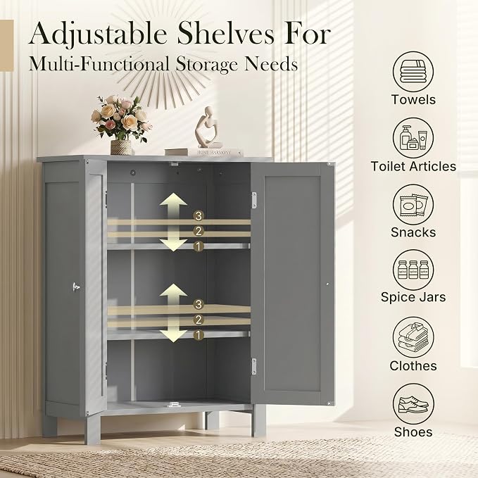 SUPER DEAL Modern Bathroom Floor Storage Cabinet with Adjustable Shelf and Double Door Rust Proof, Living Room Modern Home Furniture Storage Organizer Cabinet, Grey