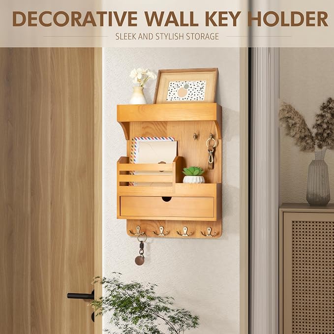 Rebee Vision Key Holder Wall Mount with Drawer for Home Decor, Light Brown | Key Holder for Wall, 6 Key Hooks, Floating Wall Shelf, Drawer Organizer, Mail Sorter, Room Decor Aesthetic
