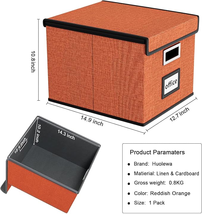 File Organizer Box with Lids, Collapsible File Folder Organizer | File Box with Plastic Slides for Document, Filing Bin for Letter Size Hanging File Folders (1 Pack, Reddish Organge)