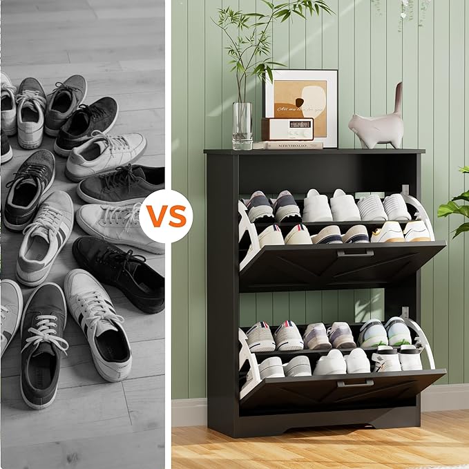 Homleke Farmhouse Shoe Cabinet for Entryway, 2 Barn-Style Flip Drawers | Narrow Shoe Storage Organizer, Top Display Shelf, Adjustable Shelves, Shoe Rack, for Hallway Closet, 24" Wide, Black