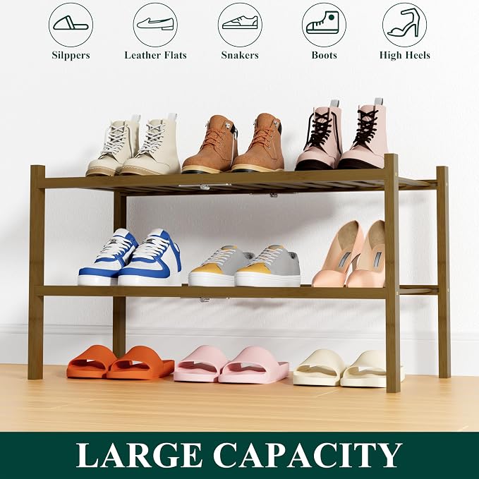 Smiry Bamboo Shoe Rack, 14 Vertical Slats, 2 Tier - 26.8" Wide, Walnut | Stackable Free Standing Wooden Shoe Organizer, Wood Shoe Storage Shelf for Closet, Entryway, Thicher Leg