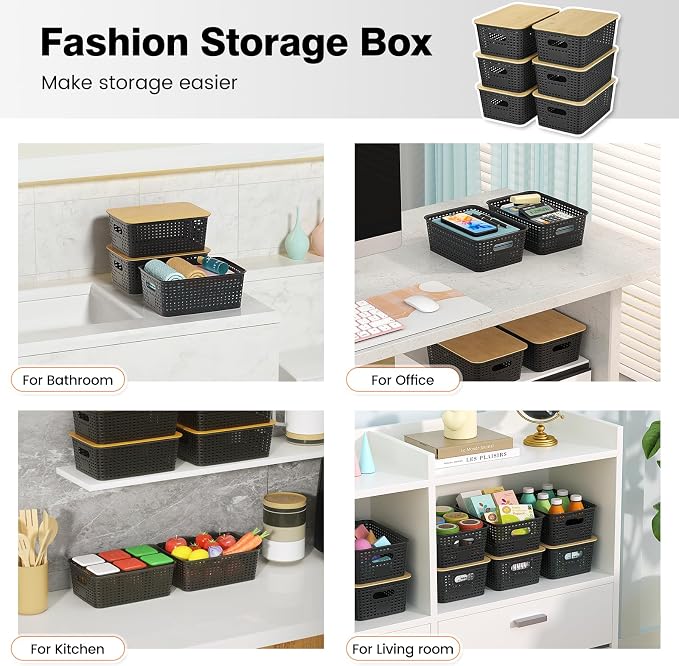 Ohmlove Plastic Storage Baskets With Bamboo Lid - Plastic Storage Containers Stackable Storage bins: Storage Baskets for Organizing Shelves Drawers Desktop Closet Playroom Classroom Office, 6 Pack
