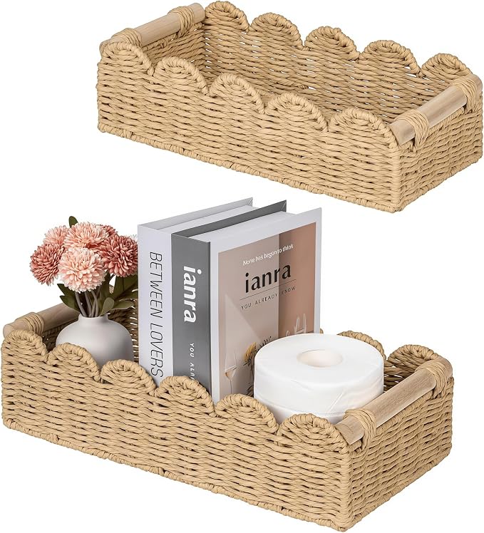 Handwoven Paper Rope Storage Basket, Scalloped Edge Decorative Organizer with Wooden Handles, Multifunctional basket for Bathroom Toilet Paper, Bedroom,End Table, Shelf and More Decoration (M)