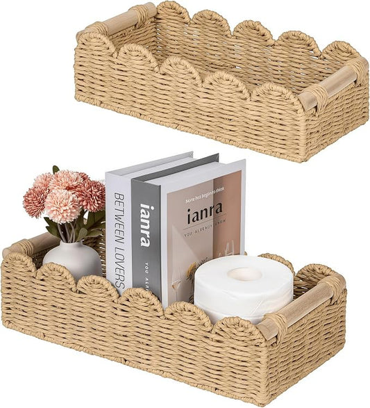 Handwoven Paper Rope Storage Basket, Scalloped Edge Decorative Organizer with Wooden Handles, Multifunctional basket for Bathroom Toilet Paper, Bedroom,End Table, Shelf and More Decoration (L)