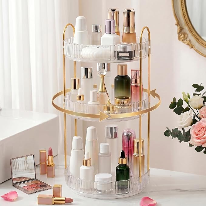 Aveniee 3-Tier 360° Rotating Makeup Organizer, Clear Spinning Perfume Cosmetic Storage for Vanity Countertop, Sturdy Metal Pole Skincare Holder Stand for Bathroom Dresser, White
