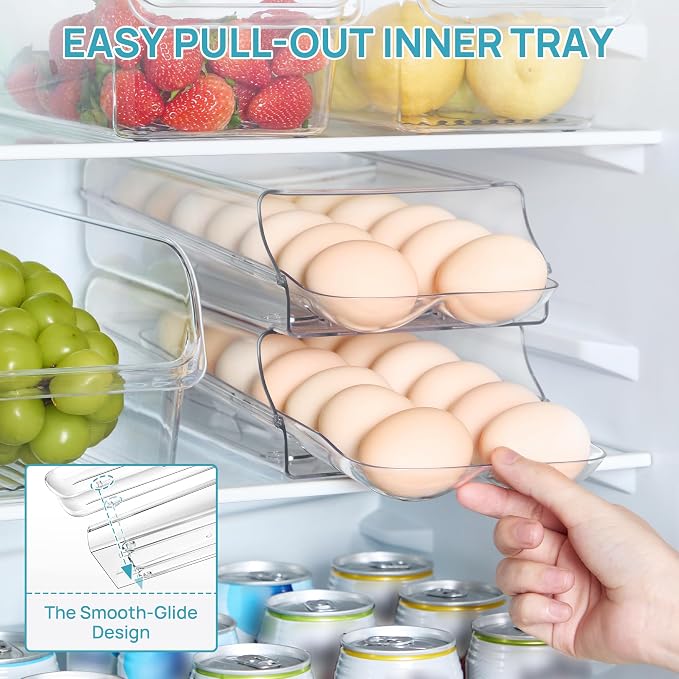 Vtopmart 2 Pack Egg Holder for Fridge, Automatic Rolling Egg Container | Stackable Clear 14-Count Eggs Organizer with Removable Inner Tray, Egg Storage for Refrigerator, Space Saving