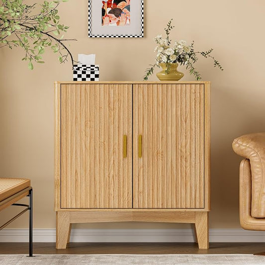 BORNOON Storage Cabinet with Doors and Adjustable Shelf, Modern Fluted Sideboard Buffet Cabinet, Freestanding Coffee Bar for Kitchen, Pantry, Entryway, Living Room (Natural Oak)