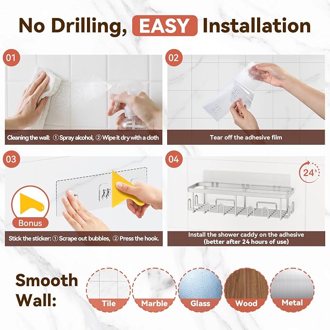YASONIC Shower Caddy Adhesive, 100% Rustproof Shower Organizer with Soap and Toothbrush Holder, Large Capacity Shower Shelves for Inside Shower, No Drill Shower Storage for Home (5 Pack Silver)